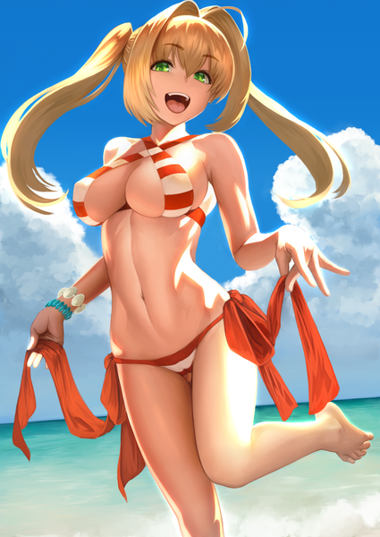 Anime picture 850x1200 with fate (series) fate/grand order nero claudius (fate) (all) nero claudius (swimsuit caster) (fate) yamaneko (tkdrumsco) single long hair tall image looking at viewer blush fringe breasts open mouth light erotic blonde hair smile hair between eyes large breasts standing twintails
