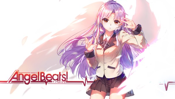 Anime picture 3100x1753 with angel beats! key (studio) tachibana kanade baisi shaonian single long hair looking at viewer blush fringe highres simple background wide image standing white background brown eyes purple hair pleated skirt copyright name angel wings girl