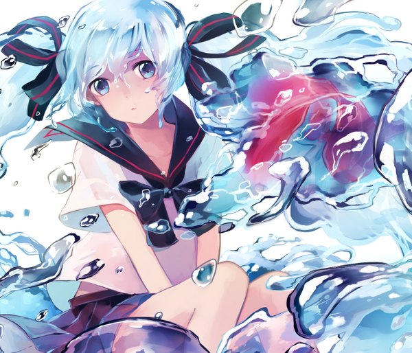 Anime picture 1400x1200 with vocaloid hatsune miku bottle miku hoshiyui tsukino (artist) single long hair looking at viewer blue eyes twintails blue hair liquid hair girl serafuku bubble (bubbles) fish (fishes)