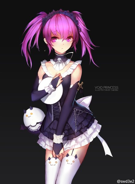 Anime picture 1158x1571 with elsword aisha landar void princess (elsword) angkor (elsword) swd3e2 single long hair tall image looking at viewer fringe simple background hair between eyes twintails holding signed pink hair pink eyes zettai ryouiki character names text