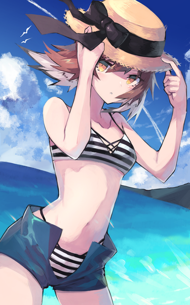 Anime picture 625x1000 with arknights plume (arknights) sasa onigiri single tall image looking at viewer fringe short hair hair between eyes brown hair sky cloud (clouds) orange eyes horizon adjusting hat swimsuit under clothes open shorts girl swimsuit hat