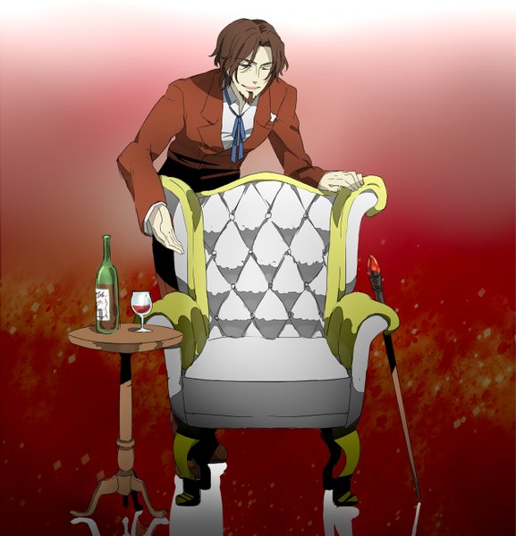 Anime picture 1258x1307 with fate/zero toosaka tokiomi tall image looking at viewer brown hair brown eyes one eye closed wink shadow red background boy table staff armchair wine glass beard wine