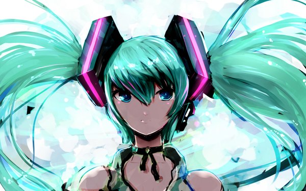Anime picture 1920x1200 with vocaloid hatsune miku tone g (artist) single long hair highres wide image twintails aqua eyes aqua hair portrait face girl collar