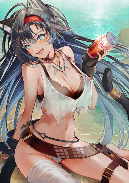 Anime picture 1784x2537 with arknights blaze (arknights) tarutaru yamaoka single long hair tall image looking at viewer blush fringe highres breasts open mouth blue eyes light erotic black hair smile hair between eyes large breasts sitting holding