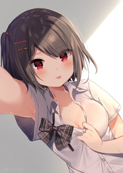 Anime picture 1075x1518 with original mafuyu (chibi21) single tall image looking at viewer blush fringe short hair breasts light erotic black hair simple background red eyes cleavage upper body short sleeves dutch angle one side up symbol-shaped pupils :p