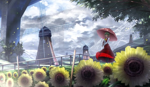 Anime picture 1712x1000 with touhou kazami yuuka ryosios looking at viewer fringe highres short hair red eyes wide image standing sky cloud (clouds) green hair sunlight mountain checkered girl dress skirt plant (plants)