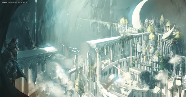 Anime picture 1900x992 with original pixiv fantasia pixiv fantasia new world etmisa long hair highres wide image inscription city cityscape fog boy animal belt armor bird (birds) hood building (buildings) cave