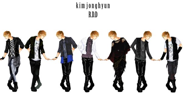 Anime picture 1600x838 with shinee (group) jonghyun aaaarghhhhhhh (artist) short hair simple background blonde hair brown hair wide image standing white background profile multiple boys hands behind back lacing multiple persona fashion boy gloves earrings shirt