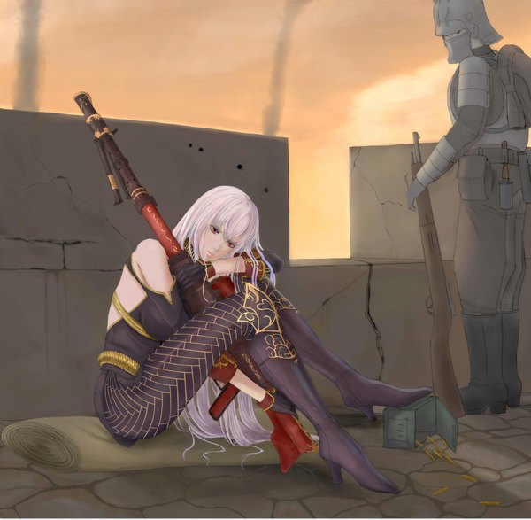 Anime picture 1736x1699 with valkyria chronicles selvaria bles long hair highres red eyes sitting bare shoulders white hair warrior girl gloves weapon boots knee boots helmet rifle fanny pack