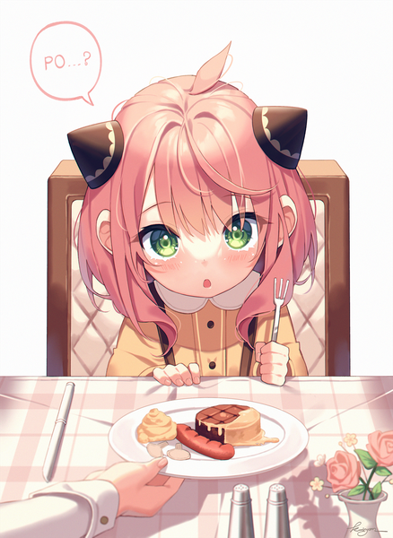 Anime picture 1366x1870 with spy x family anya (spy x family) kuri (animejpholic) tall image looking at viewer fringe short hair open mouth sitting green eyes pink hair ahoge :o solo focus surprised ? girl hair ornament flower (flowers) food