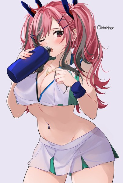 Anime picture 1380x2048 with azur lane bremerton (azur lane) bremerton (scorching-hot training) (azur lane) xretakex single long hair tall image looking at viewer blush fringe breasts open mouth light erotic simple background large breasts standing holding signed pink hair cleavage
