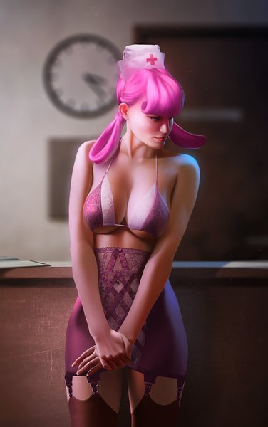 Anime picture 1003x1600 with original achibner single long hair tall image blush fringe breasts blue eyes light erotic standing twintails bare shoulders pink hair blurry realistic lipstick covered navel holding hands looking down