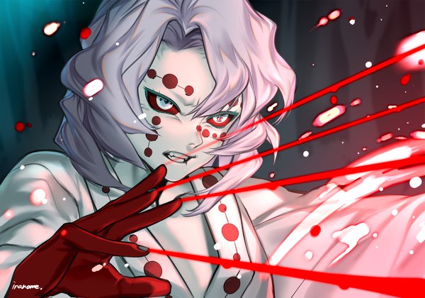 Anime picture 1500x1050 with kimetsu no yaiba ufotable rui (kimetsu no yaiba) inanome me single long hair signed looking away silver hair upper body traditional clothes japanese clothes facial mark angry clenched teeth red sclera boy yukata