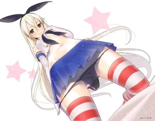 Anime picture 1100x860 with kantai collection shimakaze destroyer ama mitsuki single blush light erotic blonde hair signed very long hair pleated skirt bare belly from below grey eyes embarrassed no shoes kneeling torn clothes looking down sweatdrop panty pull