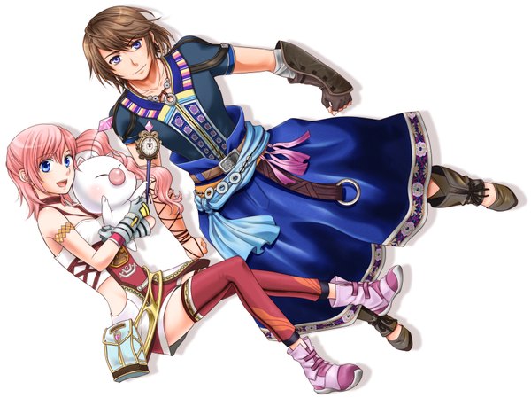 Anime picture 1800x1347 with final fantasy final fantasy xiii final fantasy xiii-2 square enix serah farron noel kreiss mog (artist) long hair highres open mouth blue eyes simple background smile white background pink hair girl boy gloves belt necklace