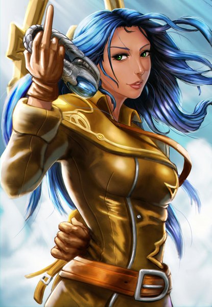 Anime picture 945x1365 with league of legends irelia (league of legends) carlos eduardo single long hair tall image green eyes blue hair looking away lips girl gloves belt clothes