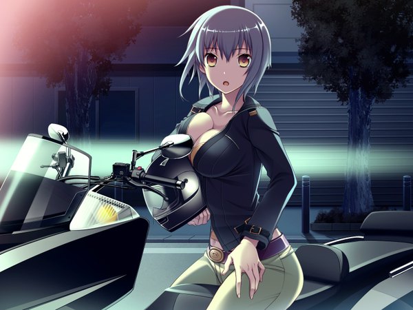 Anime picture 1600x1200 with worlds and world's end andou kasumi amakura single short hair breasts open mouth light erotic large breasts yellow eyes game cg grey hair girl helmet motorcycle