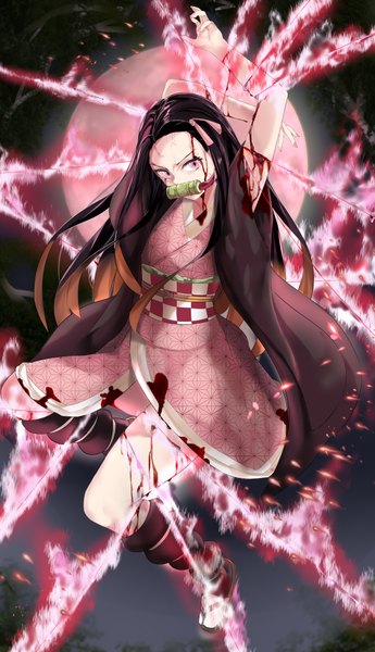 Anime picture 1150x2000 with kimetsu no yaiba ufotable kamado nezuko ru zhai single long hair tall image black hair holding looking away full body bent knee (knees) outdoors red hair traditional clothes japanese clothes pink eyes multicolored hair fingernails arms up