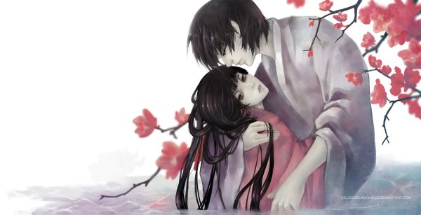 Anime picture 1200x615 with original felicemelancholie long hair short hair black hair red eyes wide image traditional clothes japanese clothes profile realistic couple hug plum blossoms girl boy flower (flowers) water branch