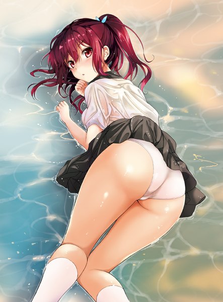 Anime picture 680x920 with free! kyoto animation matsuoka gou tsukako single long hair tall image looking at viewer blush light erotic red eyes ass ponytail red hair lying wet wet clothes girl skirt miniskirt