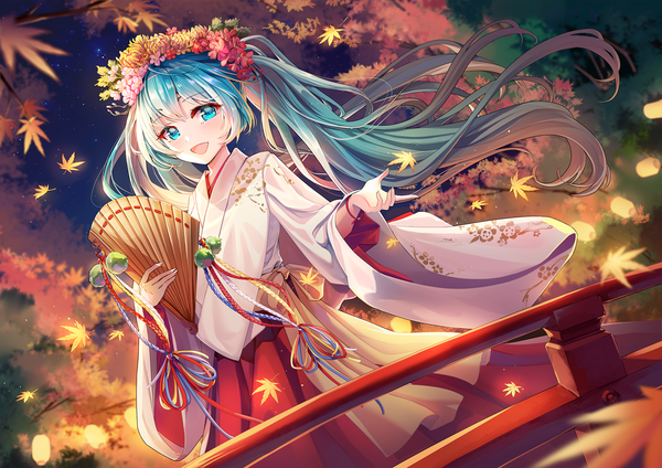Anime picture 1920x1357 with vocaloid hatsune miku lalazyt single long hair looking at viewer blush fringe highres open mouth smile hair between eyes standing holding outdoors long sleeves traditional clothes :d aqua eyes wind