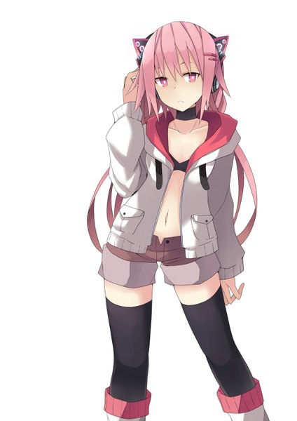 Anime picture 1060x1500 with original axent wear headphones keid single long hair tall image looking at viewer light erotic simple background standing white background twintails animal ears pink hair pink eyes cat ears open clothes open jacket bare belly girl