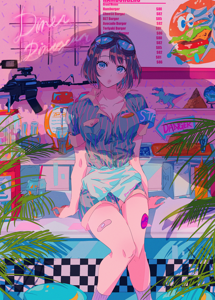 Anime picture 1430x2000 with original najuco (naju0517) single tall image looking at viewer fringe short hair breasts blue eyes brown hair sitting cleavage bent knee (knees) multicolored hair mole arm support two-tone hair short sleeves mole under eye knees touching