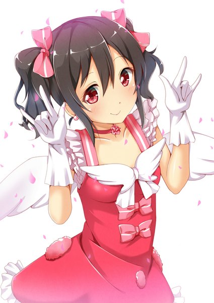 Anime picture 708x1000 with love live! school idol project sunrise (studio) love live! yazawa nico ok-ray single long hair tall image looking at viewer blush black hair smile red eyes white background twintails mmm girl dress gloves bow