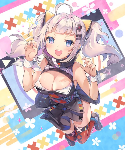 Anime picture 830x1000 with virtual youtuber the moon studio kaguya luna yeonwa single long hair tall image looking at viewer blush fringe breasts blue eyes light erotic smile twintails bare shoulders payot cleavage silver hair full body