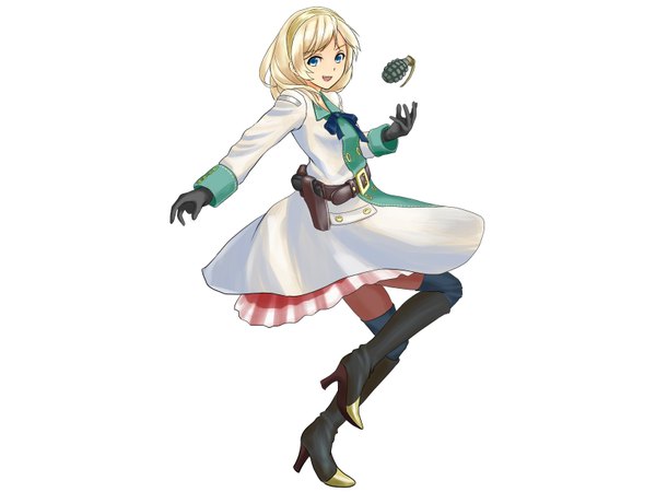 Anime picture 1600x1200 with resonance of fate leanne (end of eternity) single long hair open mouth blue eyes simple background blonde hair white background girl gloves weapon black gloves hairband gun knee boots coat pistol holster grenade