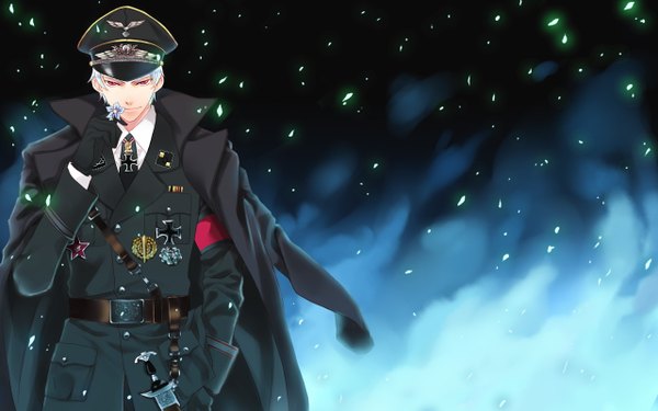 Anime picture 1280x800 with axis powers hetalia studio deen prussia (hetalia) single short hair wide image white hair pink eyes hand in pocket clothes on shoulders military boy gloves uniform weapon hat petals necktie belt military uniform