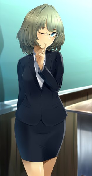 Anime picture 1776x3400 with idolmaster idolmaster cinderella girls takagaki kaede nishinomiya suzu single tall image highres short hair blue eyes brown hair one eye closed wink finger to mouth teacher girl skirt glasses