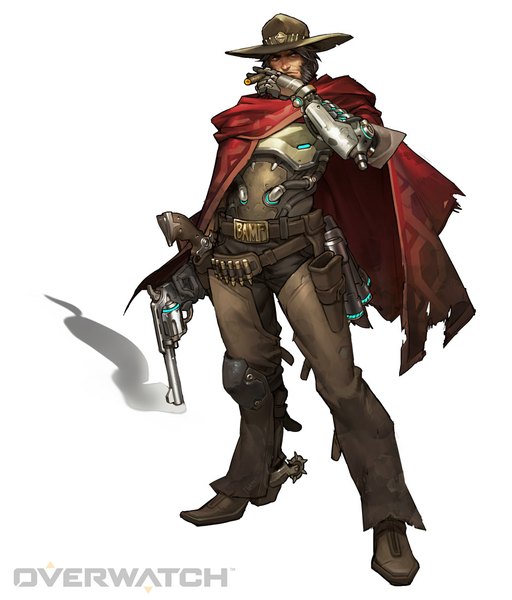 Anime picture 939x1100 with overwatch blizzard entertainment mccree (overwatch) jesse mccree (overwatch) tagme (artist) single tall image looking at viewer short hair black hair simple background white background black eyes official art mechanical boy weapon hat gun pistol