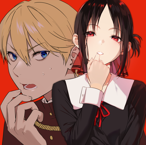 Anime-Bild 1500x1491 mit kaguya-sama wa kokurasetai ~tensai-tachi no renai zunousen~ a-1 pictures shinomiya kaguya shirogane miyuki mery (yangmalgage) looking at viewer fringe short hair open mouth blue eyes black hair simple background blonde hair hair between eyes red eyes payot upper body parted lips head tilt teeth