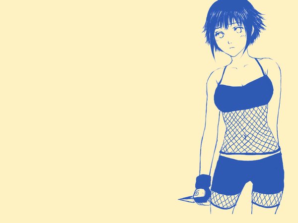 Anime picture 1600x1200 with naruto studio pierrot naruto (series) hyuuga hinata single blush fringe short hair breasts simple background holding payot looking away monochrome arm behind back yellow background girl gloves navel weapon