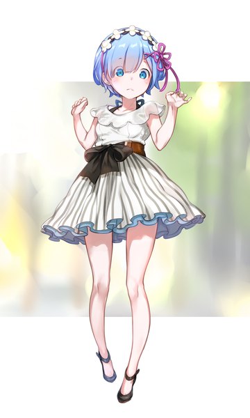 Anime picture 1200x2000 with re:zero kara hajimeru isekai seikatsu white fox rem (re:zero) yuu (higashi no penguin) single tall image blush fringe short hair blue eyes blue hair full body hair over one eye legs looking down spread arms surprised casual girl dress