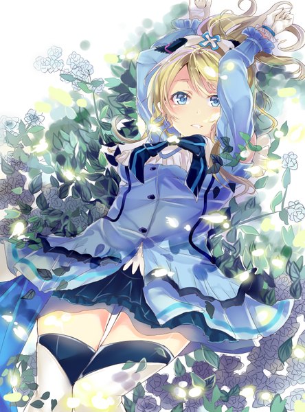 Anime picture 1220x1649 with love live! school idol project sunrise (studio) love live! ayase eli takitou single long hair tall image looking at viewer blush blue eyes blonde hair lying arms up girl thighhighs dress gloves flower (flowers) white thighhighs