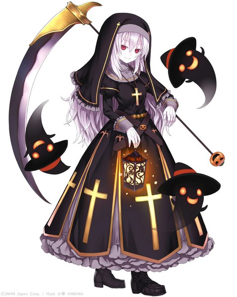 Anime picture 800x1000 with original capriccio single long hair tall image looking at viewer simple background red eyes white background full body white hair halloween pale skin ghost nun girl weapon hat boots witch hat