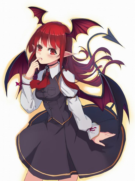 Anime picture 1125x1500 with touhou koakuma ti-tang single long hair tall image blush red eyes red hair pointy ears finger to mouth head wings girl dress skirt wings skirt set