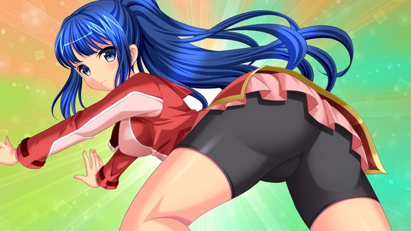 Anime picture 1280x720 with kessen! long hair blue eyes light erotic wide image blue hair game cg ponytail girl uniform school uniform leggings