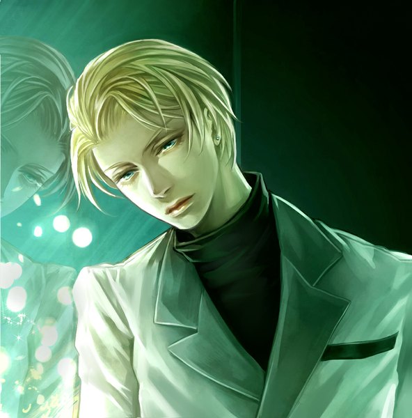 Anime picture 986x1000 with final fantasy vii rufus shinra tetra takamine single tall image short hair blue eyes blonde hair reflection city lights boy earrings window suit