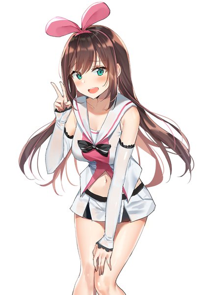 Anime picture 1240x1754 with virtual youtuber a.i. channel kizuna ai sabet (young ouo) single long hair tall image looking at viewer blush fringe open mouth simple background brown hair white background :d aqua eyes leaning leaning forward victory sailor collar