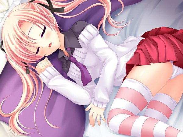 Anime picture 1024x768 with all, i'm not i'll tell you another for (game) light erotic twintails pink hair game cg eyes closed pantyshot sleeping girl