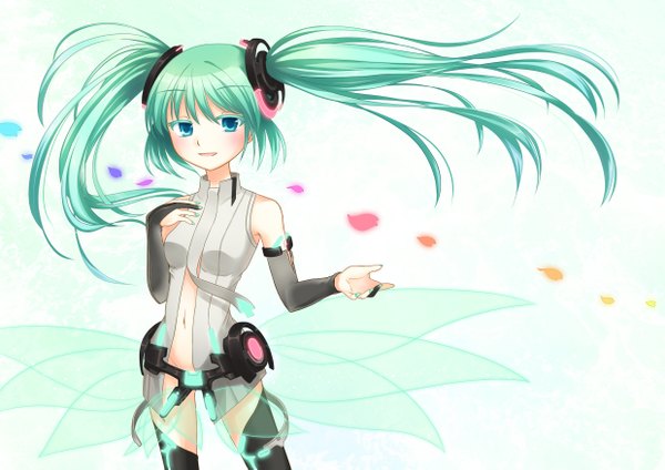 Anime picture 2480x1753 with vocaloid vocaloid append hatsune miku hatsune miku (append) highres twintails green eyes green hair girl thighhighs petals