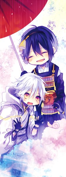 Anime picture 298x800 with touken ranbu nitroplus tsurumaru kuninaga mikazuki munechika hanamori tall image blush fringe short hair open mouth hair between eyes yellow eyes purple hair white hair eyes closed traditional clothes japanese clothes multiple boys chibi surprised