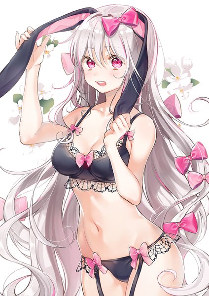 Anime picture 1000x1415 with original unjem single tall image looking at viewer blush fringe breasts open mouth light erotic simple background hair between eyes standing white background animal ears cleavage silver hair very long hair pink eyes teeth