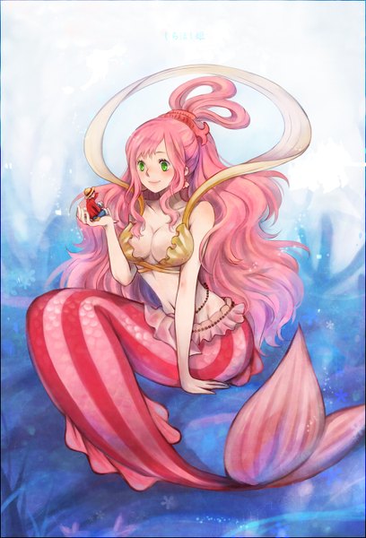 Anime picture 1020x1500 with one piece toei animation monkey d. luffy shirahoshi long hair tall image blush smile bare shoulders green eyes pink hair minigirl fish tail girl boy navel hat mermaid