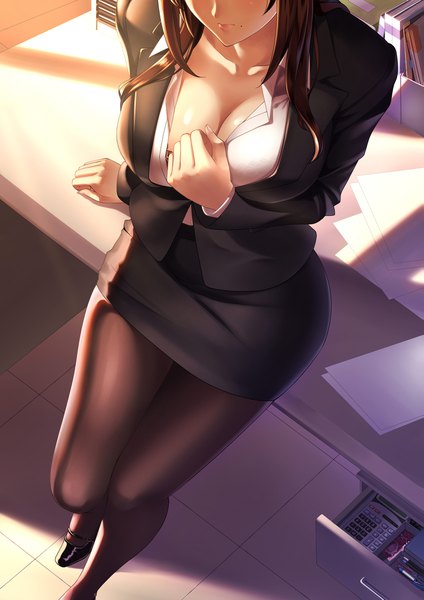 Anime picture 1447x2046 with original toumin (artist) single long hair tall image blush breasts light erotic brown hair large breasts sitting cleavage indoors from above sunlight mole arm support shadow hand on chest mole under mouth