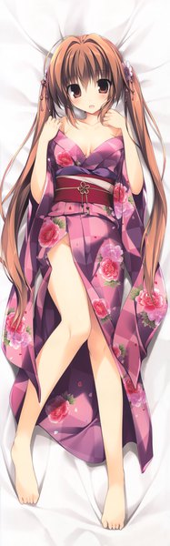 Anime picture 2292x7324 with karory single long hair tall image looking at viewer blush highres breasts open mouth light erotic brown hair twintails brown eyes full body traditional clothes japanese clothes scan bare legs dakimakura (medium) girl