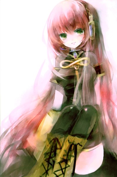 Anime picture 4021x6050 with vocaloid megurine luka shimeko single long hair tall image highres simple background smile white background sitting green eyes pink hair absurdres very long hair scan girl thighhighs detached sleeves boots